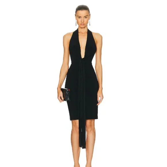 Norma Kamali Tie Front Halter Dress M Black Midi - Picture 1 of 5